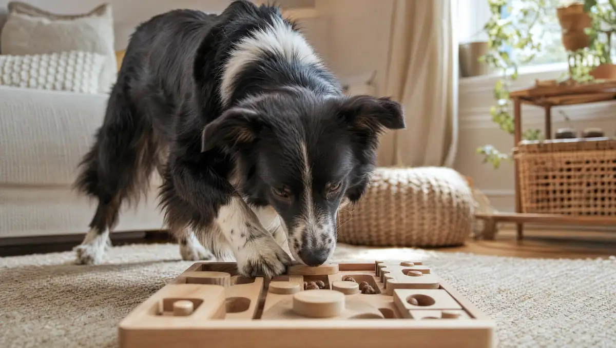 Dog solving a homemade muffin-tin puzzle toy on a living room floor