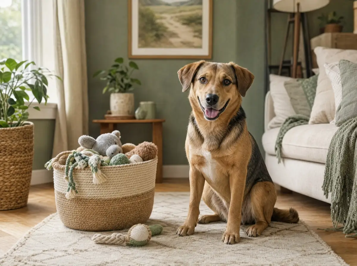 A happy dog sitting on a living room rug