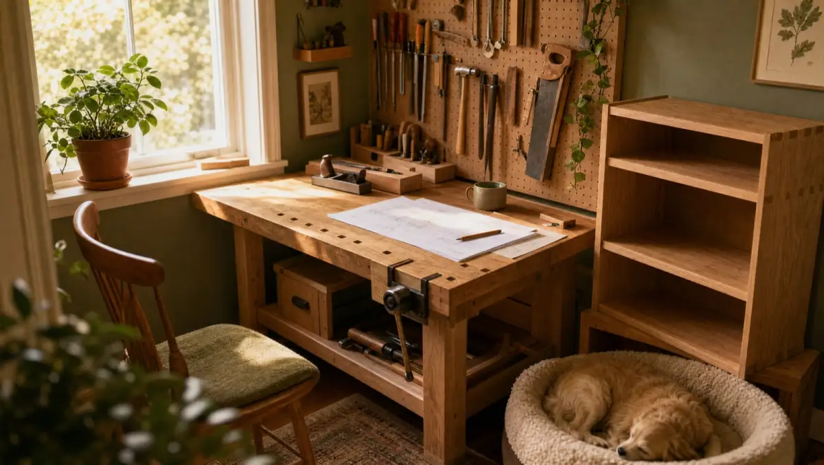 A cozy home workshop corner with a workbench, tools, project plans and a dog asleep in its bed