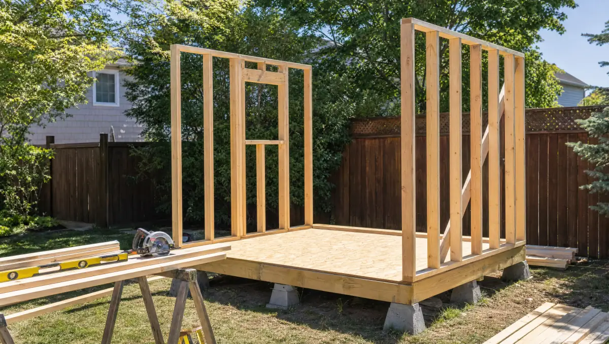 Partially framed wooden backyard shed on a gravel foundation with lumber and sawhorses
