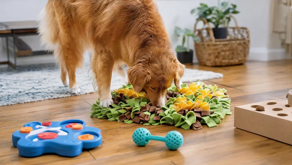 Dog solving a muffin tin puzzle covered with tennis balls on a kitchen floor