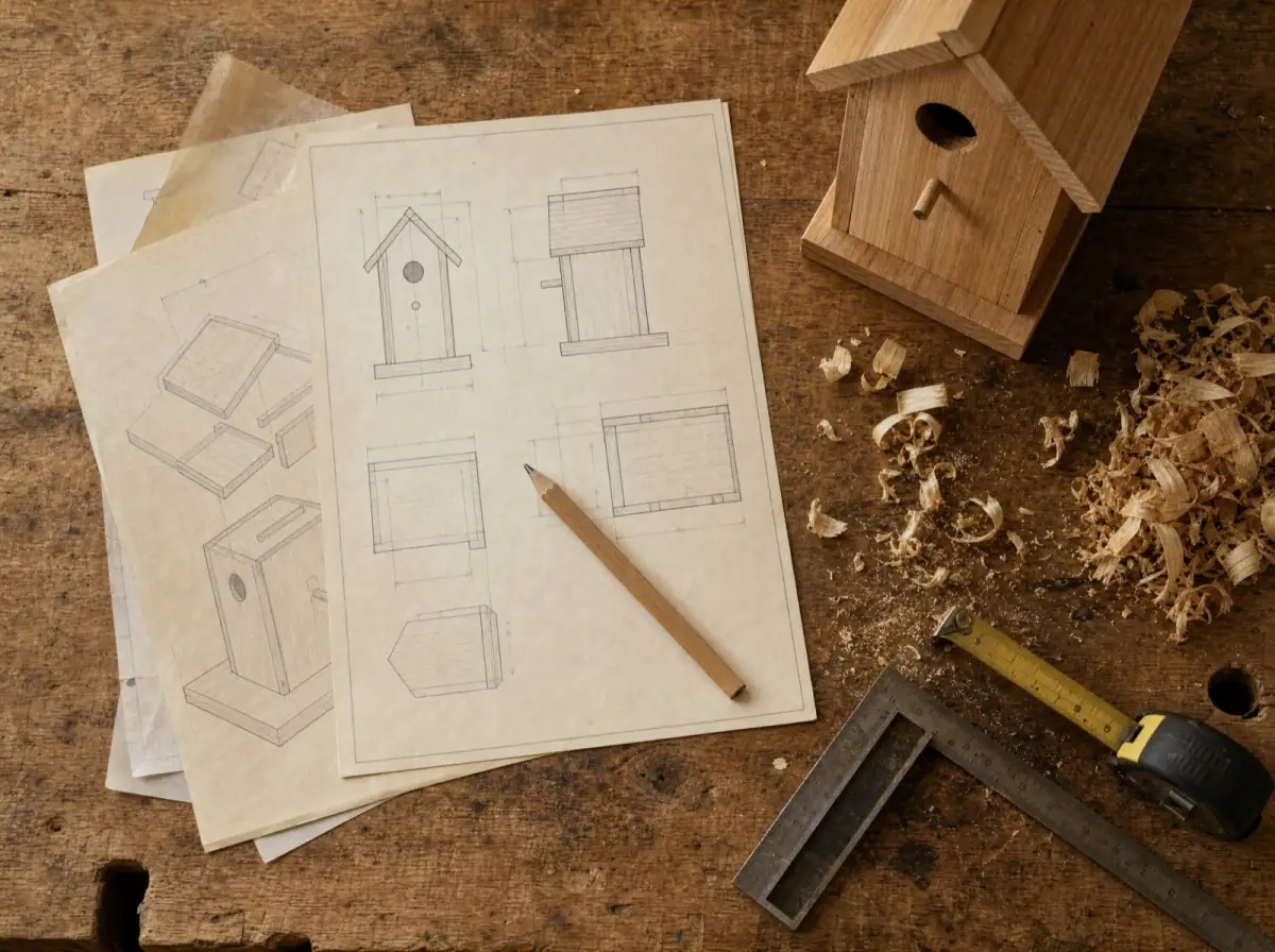 Woodworking plans, pencil and tape measure on an oak workbench